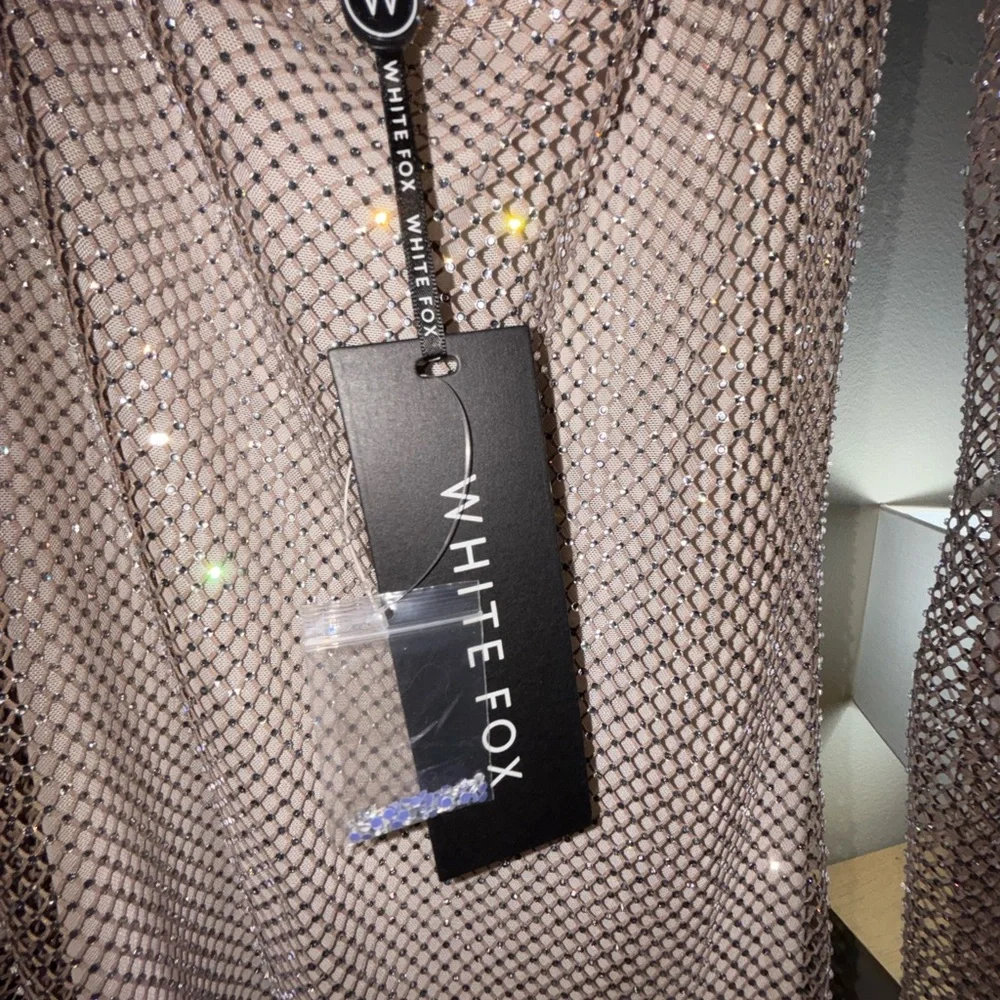 White Fox Back Track Long Sleeve Embellished Mini Dress Taupe SIZE L - Picture 4 of 8